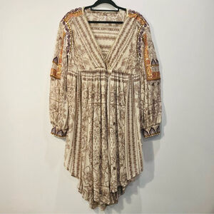 Free People Long Sleeve Floral Embroidered Beaded Sequin Boho Tunic Cream Dress
